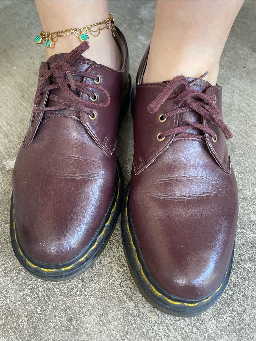 Dr. Martens Burgundy Leather Oxfords with Yellow Welt Stitching